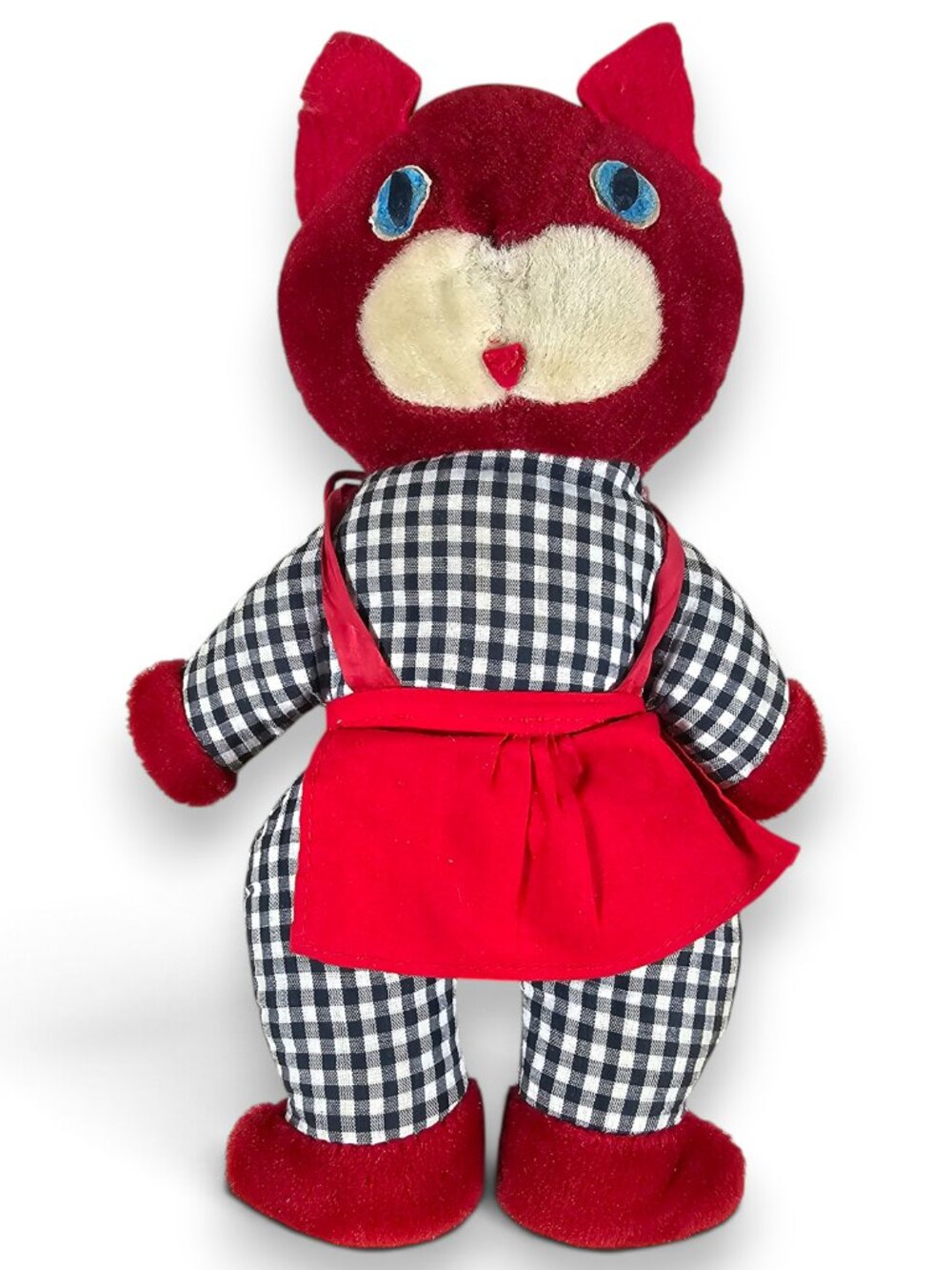 Yoski Pet Red Cat Plush Stuffed Toy Gingham Plaid Apron Felt Vintage Japan 10.5"